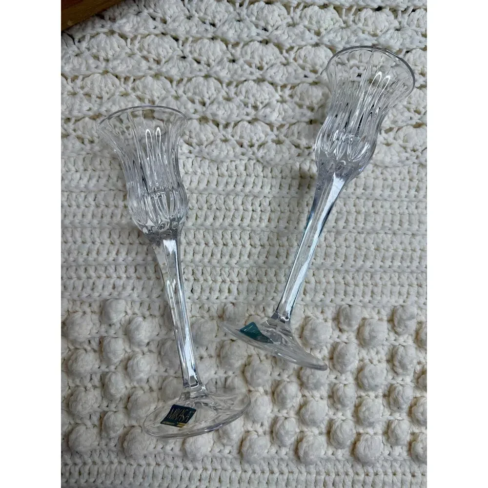 VTG MIKASA Icicles Crystal Long Stem Tulip Shaped Candlestick Holder Set of Two